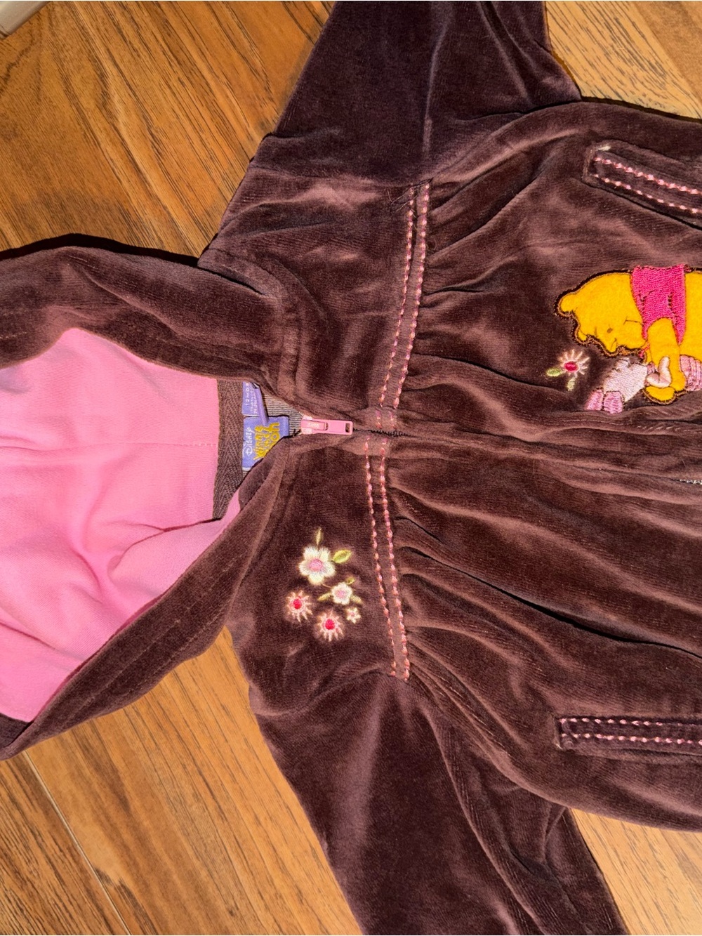 Vintage Y2K Girls' Brown Plush Hooded Jacket with Pink Lining Winnie The Pooh